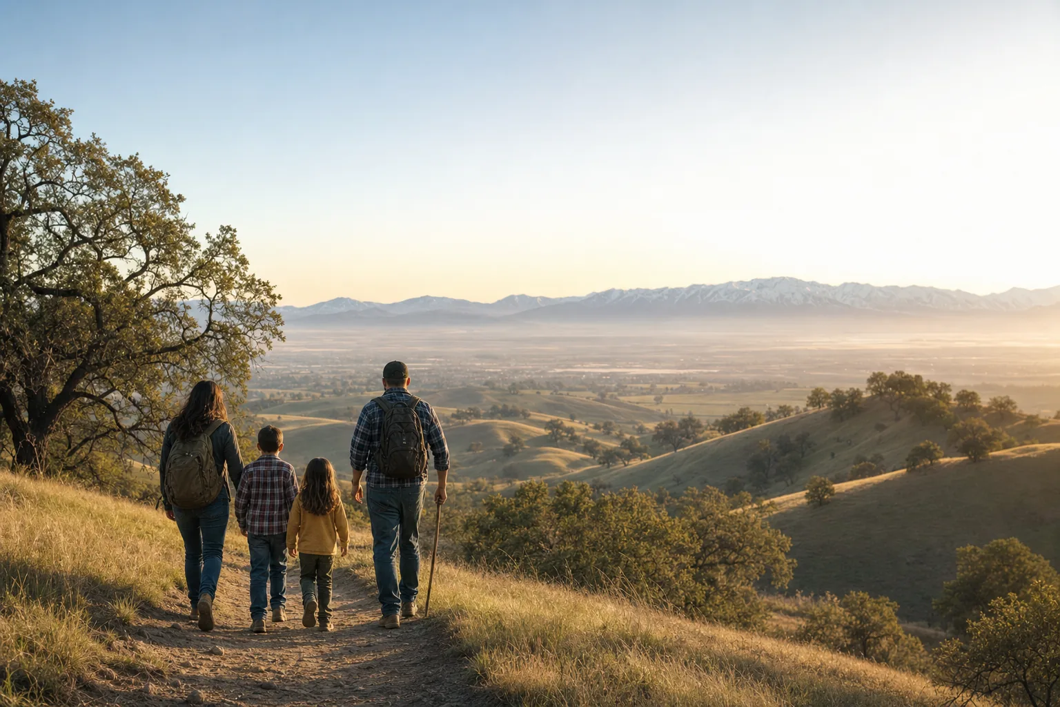 Family hiking through Central Valley foothills at golden hour