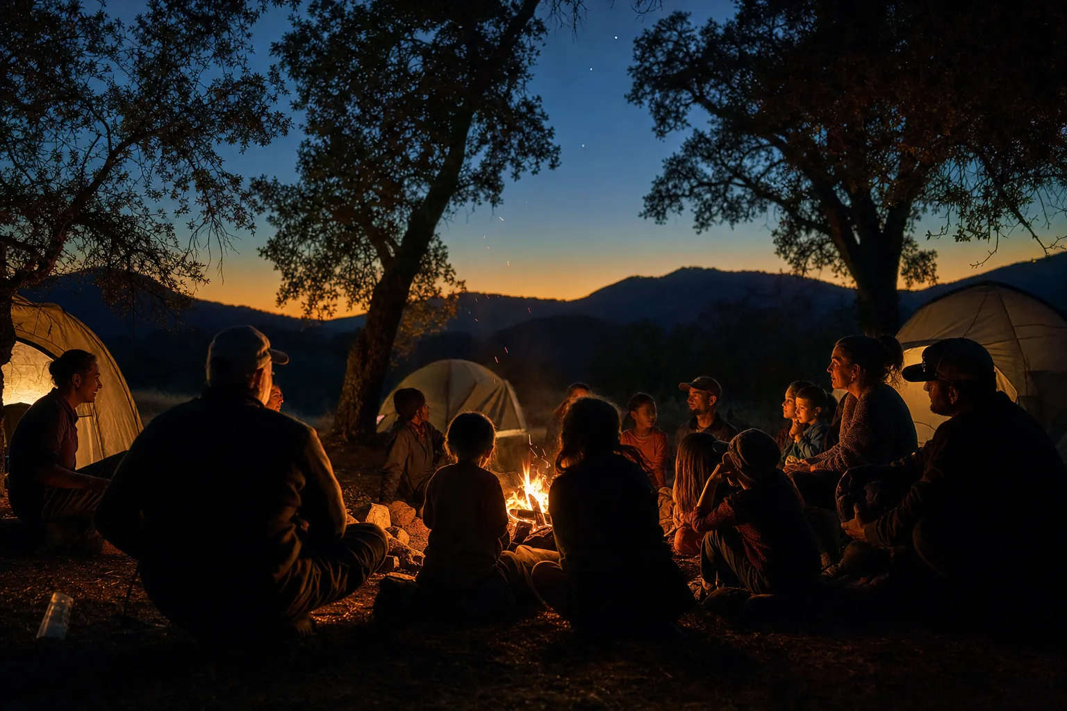 Group gathered around a campfire under Central Valley evening sky