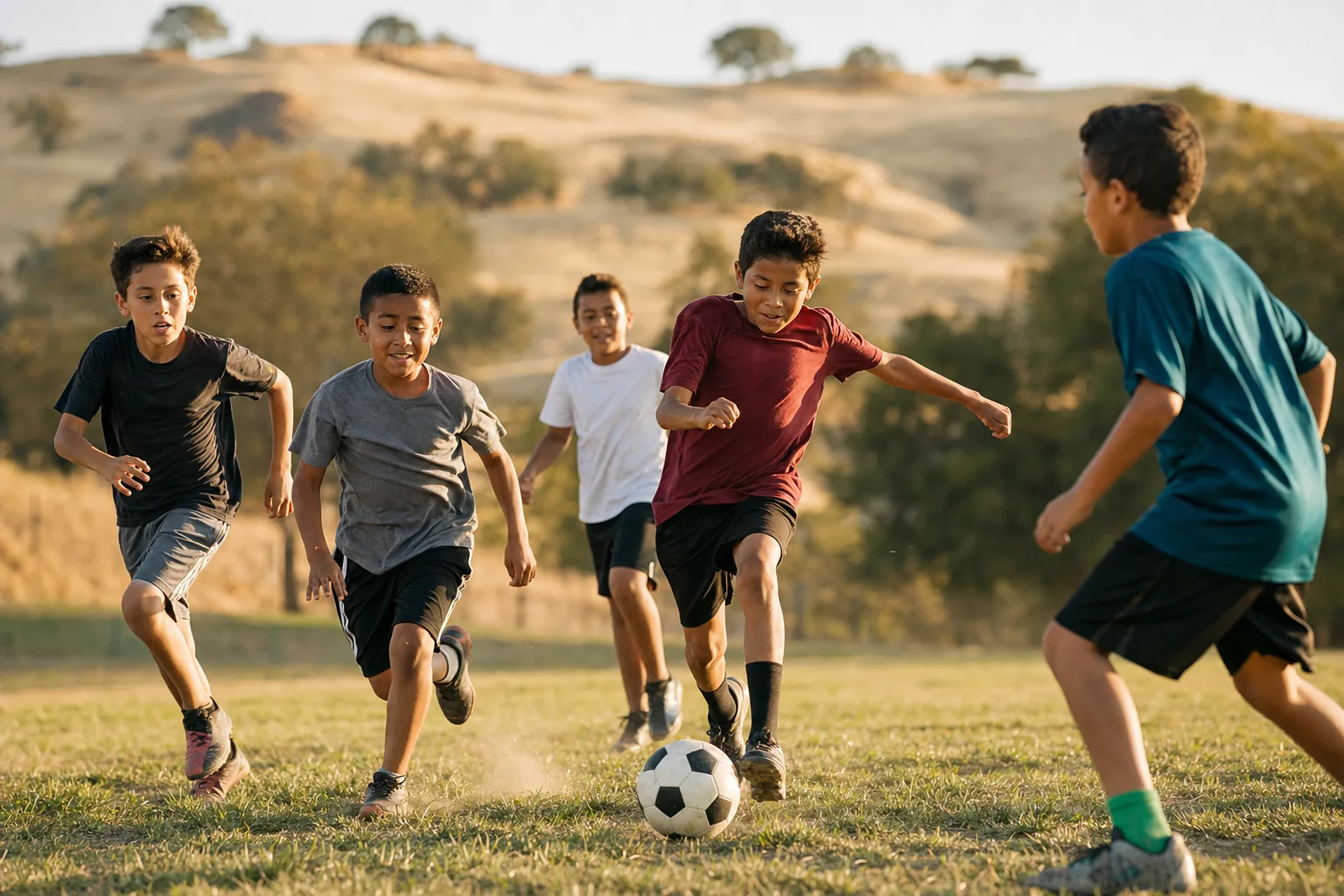 Kids playing pickup soccer in a golden Central Valley field
