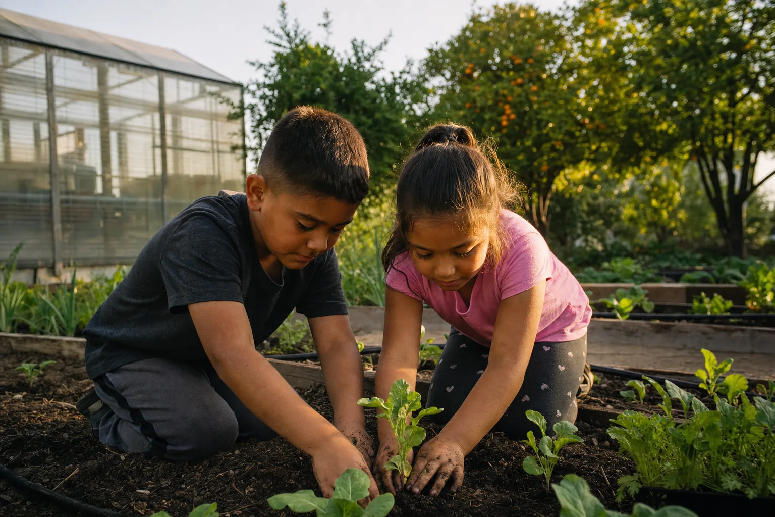 Children learning to plant seedlings in a community garden