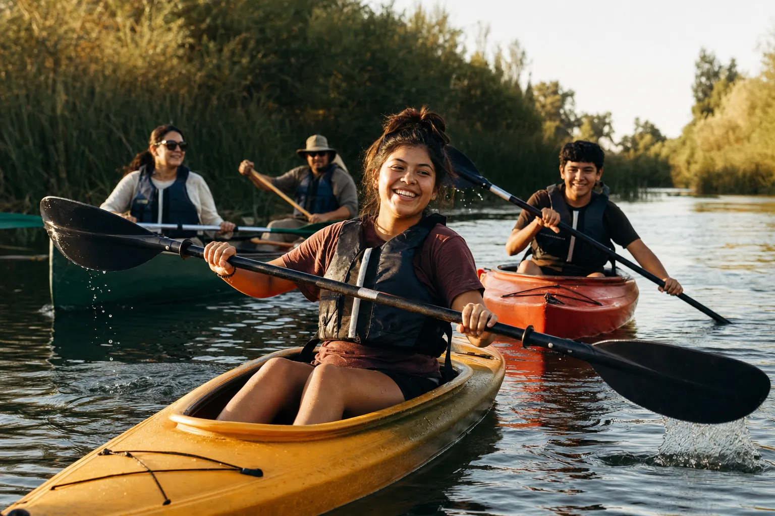 Family kayaking on a Central Valley river surrounded by tule reeds