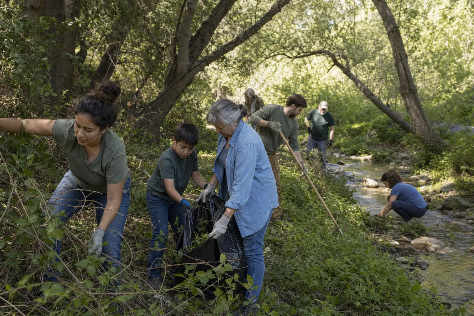 Volunteers clearing invasive plants from an oak creek
